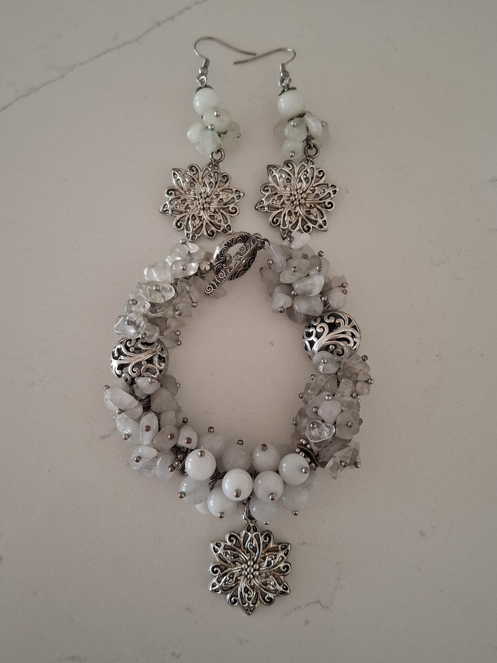 2-Pc Handcrafted White Jade & Quartz Snowflake Charm Bracelet & Earrings Set